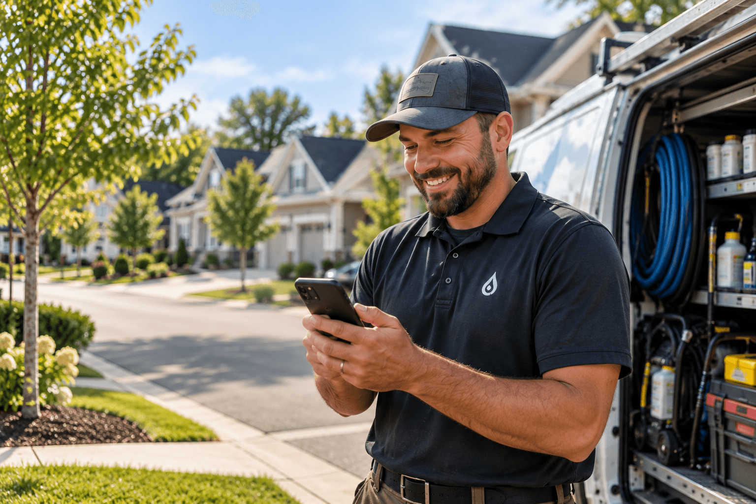 Contractor using a phone beside a service vehicle in a neighborhood