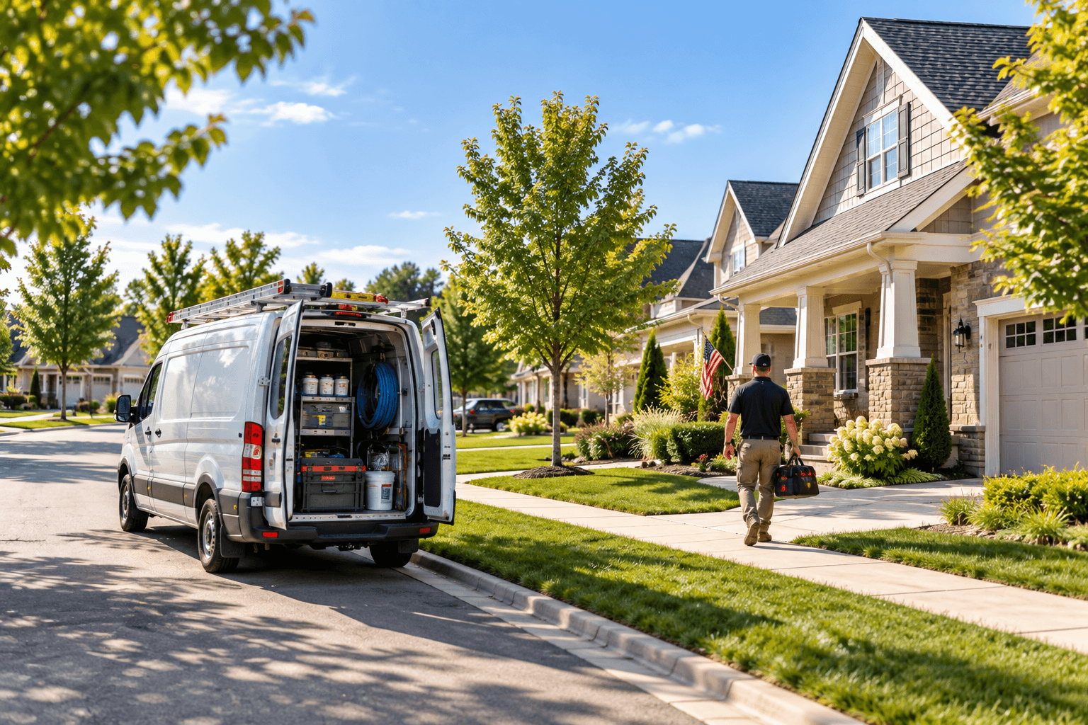 Service truck parked in a residential neighborhood